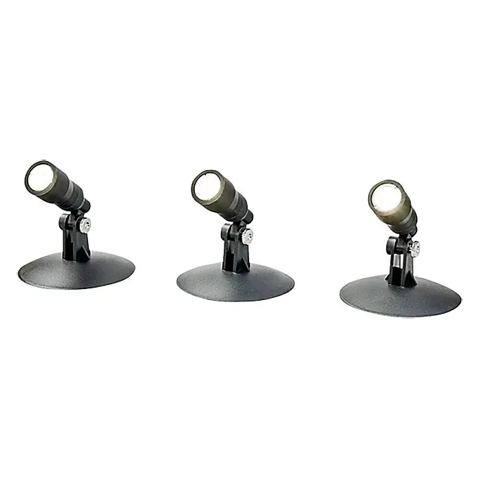 Ritter Leuchten LED-Strahler - 250 lm, L x B x H: 90 x 90 x 60 mm, IP68 - Bild von drei schwarzen LED-Gartenstrahlern auf runden Sockeln, die ein helles, fokussiertes Licht ausstrahlen.