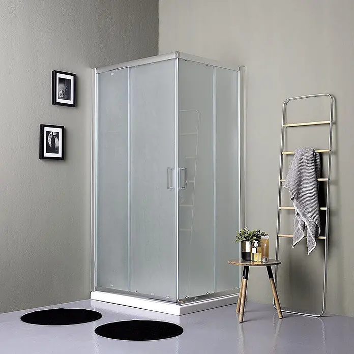 Kiamami Valentina Eckdusche - 80 x 120 x 185 cm, Satiniert, Stärke: 6 mm - Eckduschkabine aus Milchglas mit weißem Sockel und silbernem Rahmen.