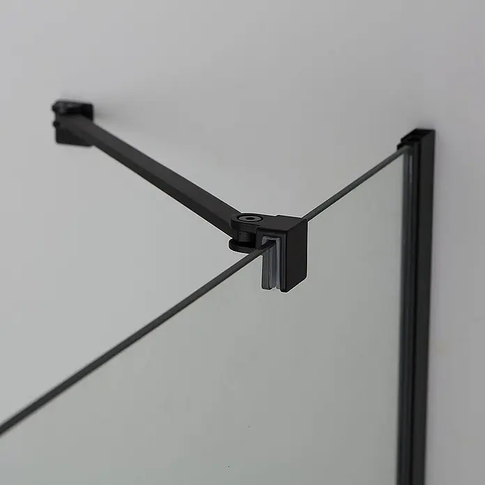 Kiamami Valentina Eckdusche - 120 x 80 x 190 cm, Schwarz, Farblos, Stärke: 6 mm - Mattschwarzer Duschwand-Stützarm, der sich von der Wand erstreckt, um eine Glaswand zu stabilisieren.