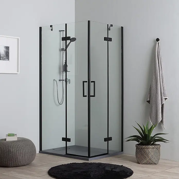 Kiamami Valentina Eckdusche - 120 x 80 x 190 cm, Schwarz, Farblos, Stärke: 6 mm - Schwarze, gerahmte Eckduschkabine mit klaren Glastüren in einem modernen Badezimmer.