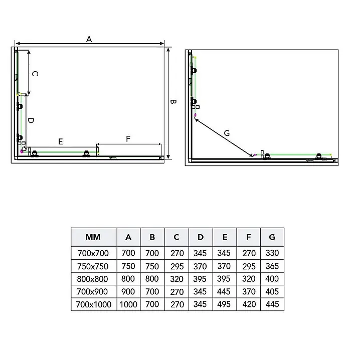 Kiamami Valentina Eckdusche - 750 x 750 x 1.850 cm, Transparent, Stärke: 4 mm - Diagramm einer Duschkabine (Draufsicht) mit den Maßen A-G und einer Größentabelle.