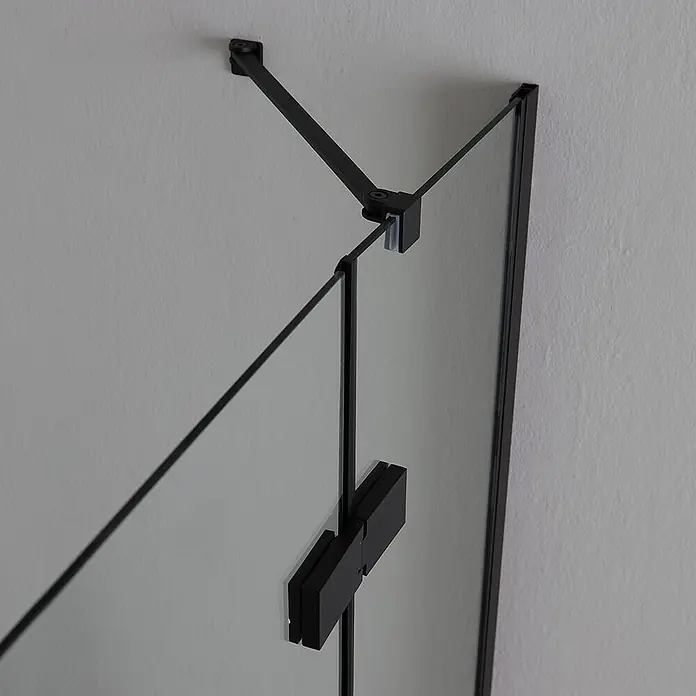 Kiamami Valentina Eckdusche - 120 x 80 x 190 cm, Schwarz, Farblos, Stärke: 6 mm - Schwarze gerahmte Glasduschwand mit wandmontiertem Stützarm und schwarzen Scharnieren.