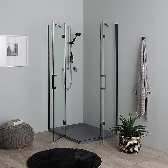 Kiamami Valentina Eckdusche - 120 x 80 x 190 cm, Schwarz, Farblos, Stärke: 6 mm - Schwarz gerahmte Eckduschkabine mit Klarglasscheiben und dunkler Duschwanne im modernen Bad.