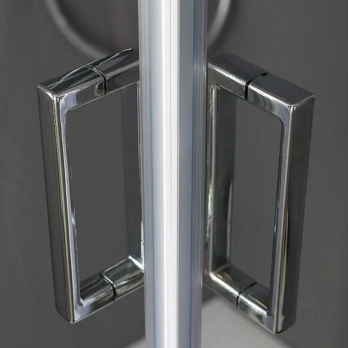 Kiamami Valentina Eckdusche - 750 x 750 x 1.850 cm, Transparent, Stärke: 4 mm - Polierte Chrom-Quadrat-Duschgriffe an einer klaren Glastür.
