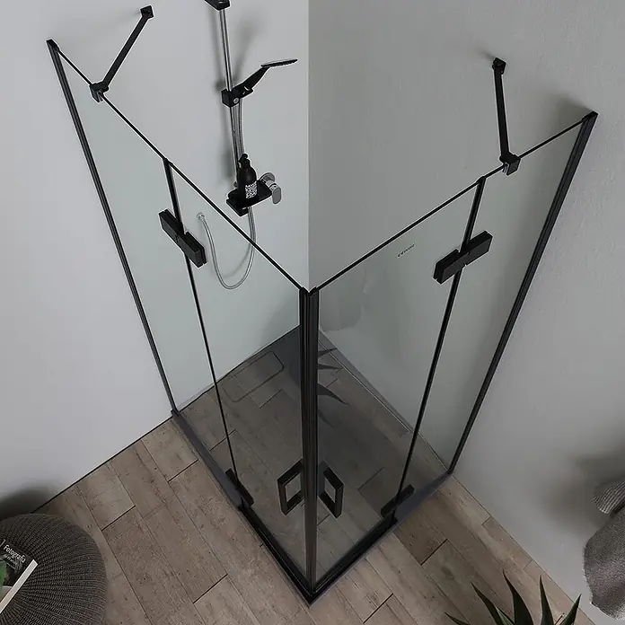 Kiamami Valentina Eckdusche - 120 x 80 x 190 cm, Schwarz, Farblos, Stärke: 6 mm - Moderne Eckduschkabine mit klaren Glaspaneelen, mattschwarzen Profilen, Scharnieren und Duscharmaturen.