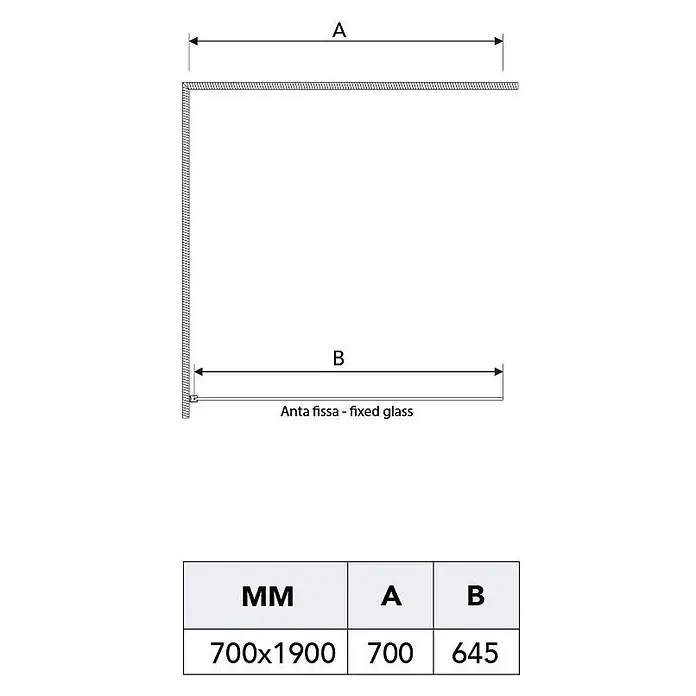 Kiamami Valentina Eckdusche - 1.200 x 700 x 1.900 cm, Transparent, Stärke: 6 mm - Technische Zeichnung einer Eckduschkabine mit Maßen A und B für das feste Glaspaneel, inklusive einer Tabelle mit spezifischen Abmessungen.
