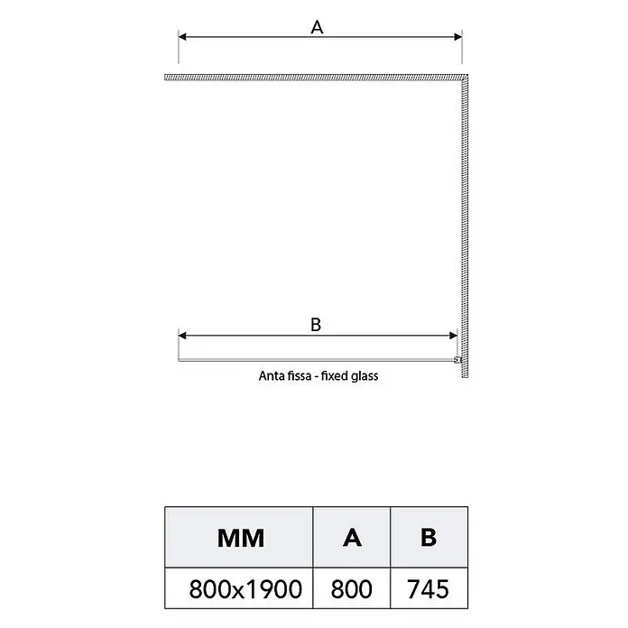 Kiamami Valentina Eckdusche - 1.200 x 800 x 1.900 cm, Transparent, Stärke: 6 mm - Diagramm einer festen Glasscheibe mit Maßen A und B, detailliert in einer Tabelle für eine 800x1900 MM Einheit.