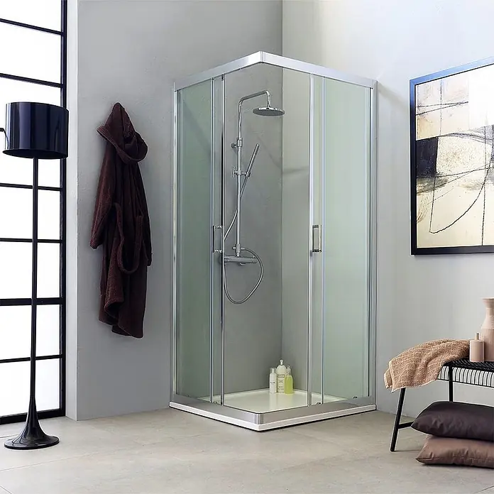 Kiamami Valentina Eckdusche - 90 x 90 x 195 cm, Transparent, Stärke: 6 mm - Eckduschkabine mit klaren Glaswänden, Chromrahmen und weißer Duschwanne.