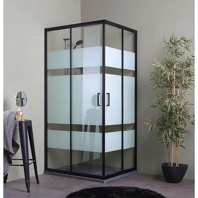 Kiamami Valentina Eckdusche - 900 x 700 x 1.900 cm, Schwarz, Weiß, Stärke: 6 mm - Schwarz gerahmte Eckduschkabine mit mattierten und klaren Glasscheiben.