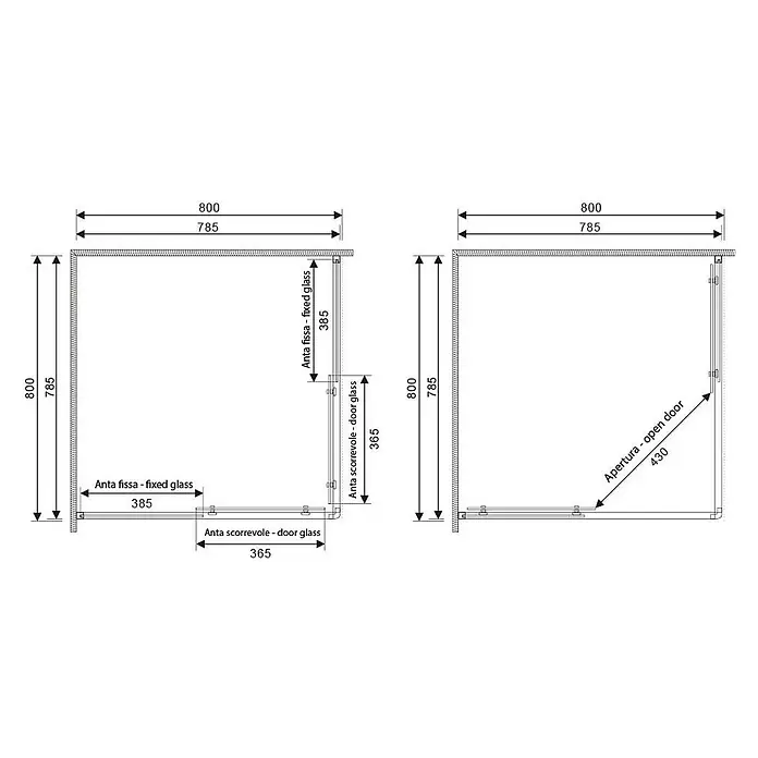 Kiamami Valentina Eckdusche - 80 x 80 x 185 cm, Transparent, Stärke: 6 mm - Technische Zeichnung einer Eck-Glasdusche mit Fest- und Schiebetüren, inkl. Maßen und Öffnungsbreite.