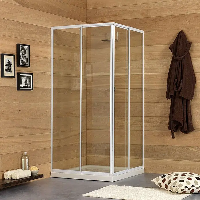 Kiamami Valentina Eckdusche - 90 x 90 x 185 cm, Transparent, Stärke: 6 mm - Eckduschkabine mit weißem Rahmen und Klarglas in Badezimmerumgebung.