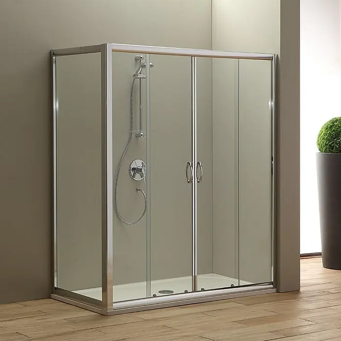 Kiamami Valentina Eckdusche - 1.800 x 800 x 1.850 cm, Transparent, Stärke: 6 mm - Rechteckige Duschkabine mit klaren Glasschiebetüren, silbernem Rahmen und Chromgriffen, mit Duschkopf innen.