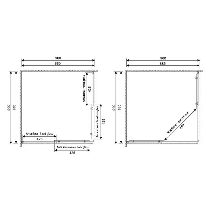 Kiamami Valentina Eckdusche - 90 x 90 x 185 cm, Transparent, Stärke: 6 mm - Technisches Diagramm einer Duschkabine mit Abmessungen für Festglas, Schiebetür und Öffnungsbreite der Tür.