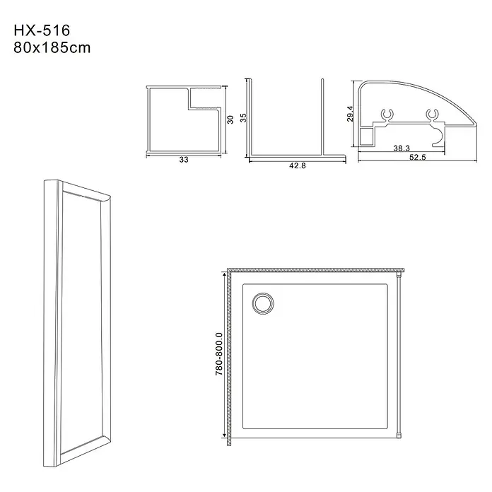 Kiamami Valentina Eckdusche - 160 x 80 x 185 cm, Transparent, Stärke: 6 mm - Technische Zeichnungen einer Duschkabine HX-516 80x185cm, mit Profilen und Maßen.