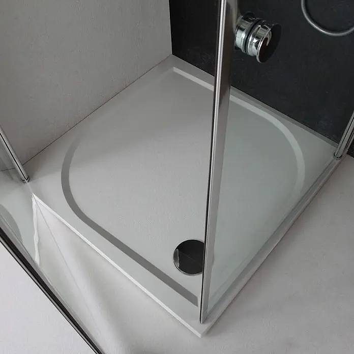 Kiamami Valentina Eckdusche - 900 x 900 x 1.850 cm, Transparent, Stärke: 6 mm - Weiße Viertelkreis-Duschwanne mit verchromter Glasduschkabine.