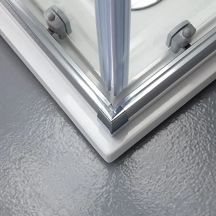 Kiamami Valentina Eckdusche - 90 x 90 x 185 cm, Transparent, Stärke: 6 mm - Duschkabinen-Ecke mit Chromrahmen, Klarglas, weißem Sockel und einer Türrolle.