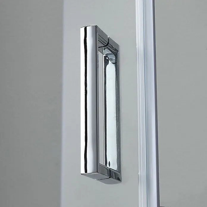 Kiamami Valentina Eckdusche - 90 x 90 x 185 cm, Transparent, Stärke: 6 mm - Glänzender, rechteckiger Duschkabinen-Griff aus Chrom auf Klarglas montiert.