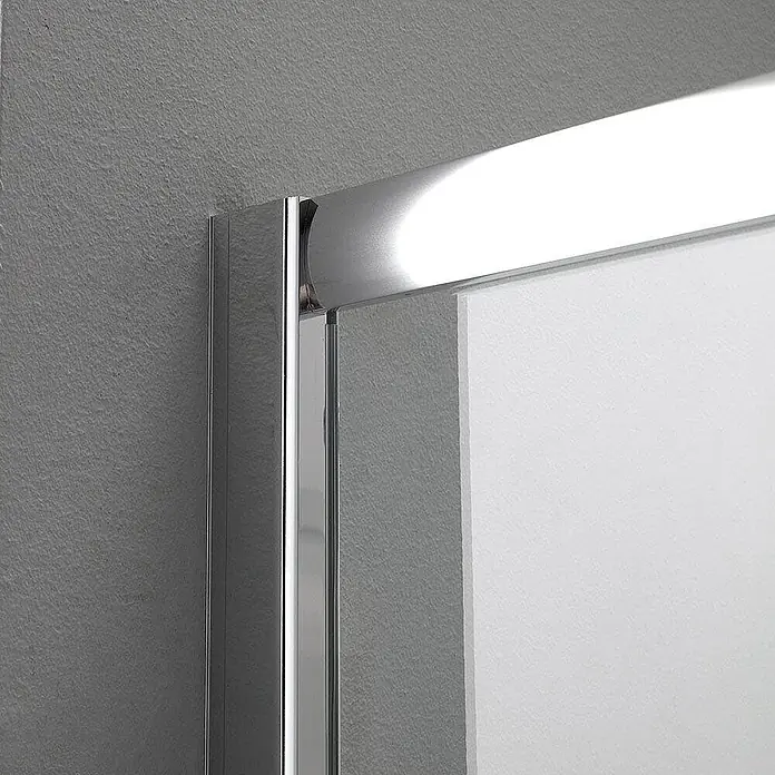 Kiamami Valentina Eckdusche - 90 x 90 x 185 cm, Transparent, Stärke: 6 mm - Verchromtes Profil einer Duschkabine, an einer Wand montiert und ein Paneel begrenzend.