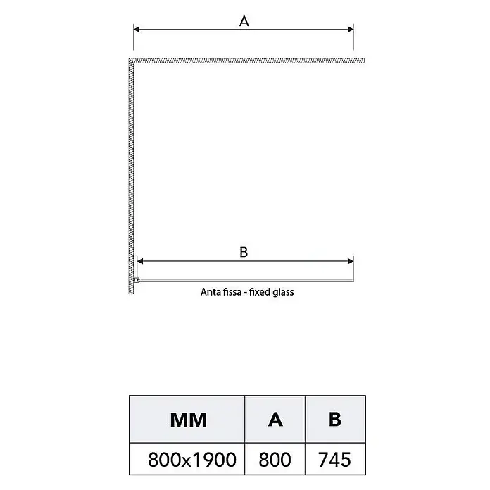 Kiamami Valentina Eckdusche - 1.200 x 800 x 1.900 cm, Transparent, Stärke: 6 mm - Diagramm einer Eckduschkabine mit Maßen A und B für festes Glas. Tabelle zeigt A=800mm, B=745mm bei 800x1900mm.