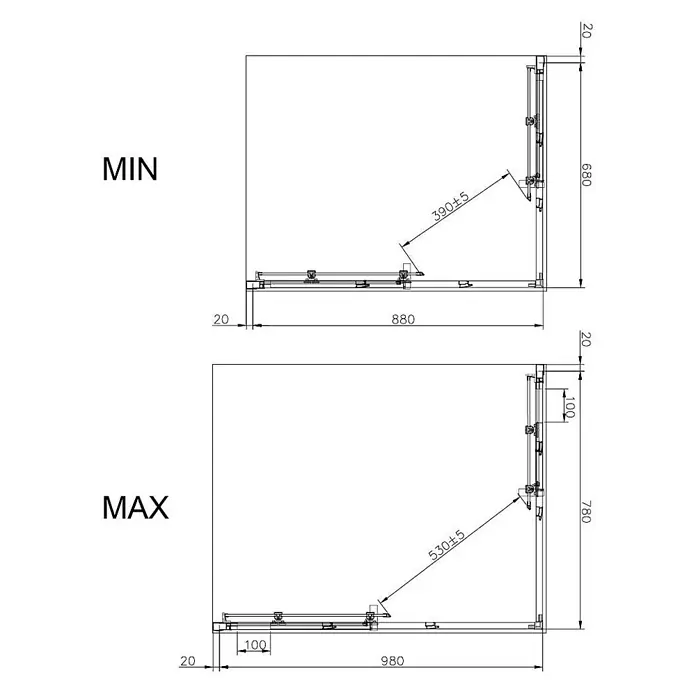Kiamami Valentina Eckdusche - Transparent, Stärke: 6 mm - Technische Zeichnung eines Eckschrank-Auszugssystems, zeigt Mindest- und Maximalmaße für die Installation.
