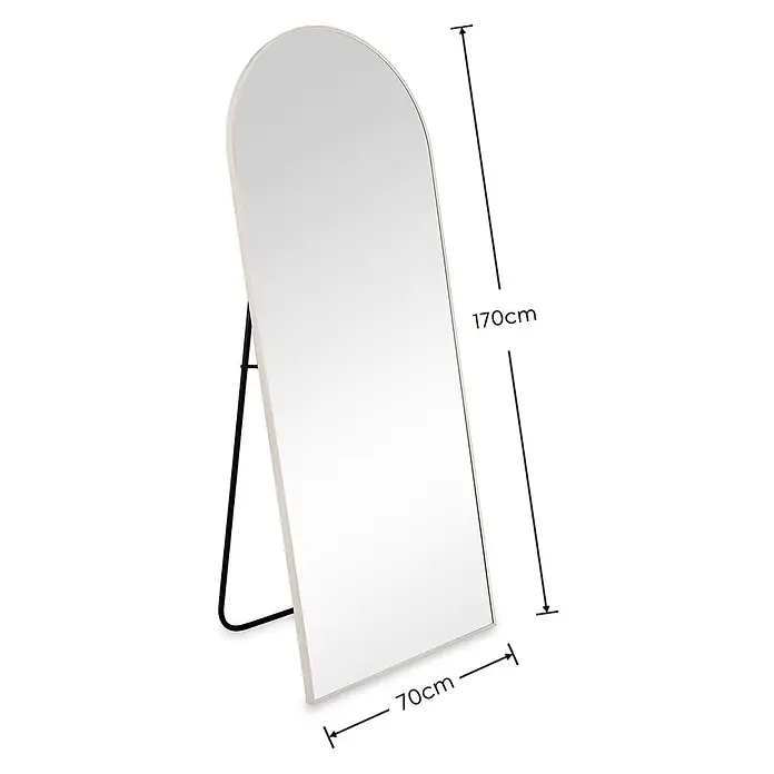 Standspiegel Mira - 70 x 170 cm, Gebogen, Sand - Freistehender, gewölbter Ganzkörperspiegel mit weißem Rahmen und schwarzem Ständer, 170x70cm.