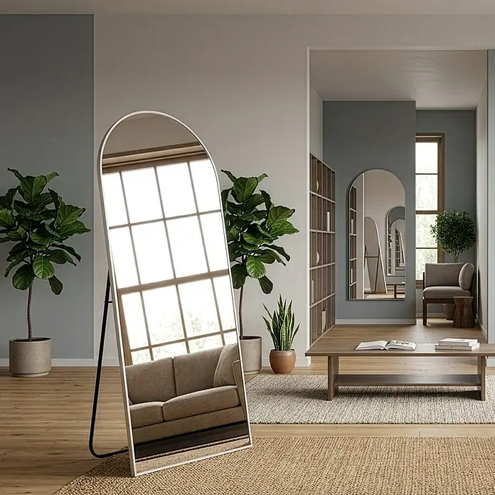 Standspiegel Mira - 70 x 170 cm, Gebogen, Sand - Ein weißgerahmter gewölbter Ganzkörperspiegel mit Ständer spiegelt ein Sofa und ein Fenster in einem modernen Raum wider.