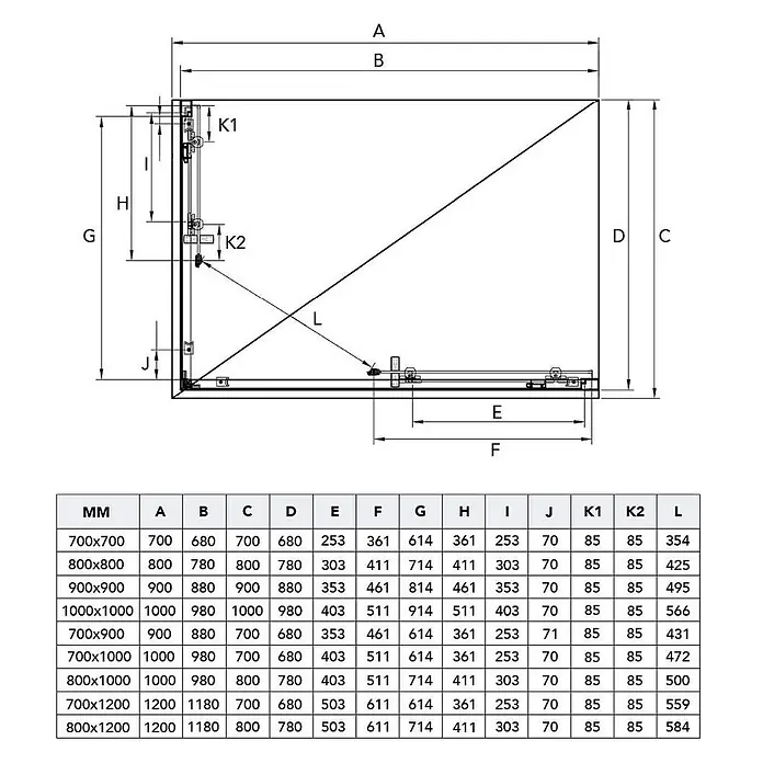 Kiamami Valentina Eckdusche - 900 x 900 x 1.900 cm, Stärke: 6 mm - Technische Zeichnung einer Duschkabine mit beschrifteten Maßen A-L, K1, K2 und einer Tabelle mit spezifischen Maßen für verschiedene MM-Größen.