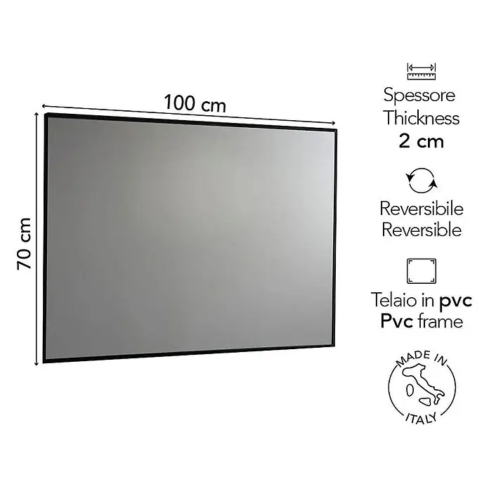 Kiamami Valentina Wandspiegel - 20 x 700 cm, Farblos - Rechteckiger Spiegel mit schwarzem PVC-Rahmen, 100x70 cm, 2 cm dick, wendbar.