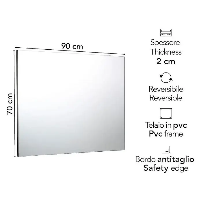 Kiamami Valentina Wandspiegel - 20 x 700 cm, Farblos - Rechteckiger Spiegel, 90x70 cm, 2 cm dick, mit PVC-Rahmen und Sicherheitskante. Er ist wendbar.