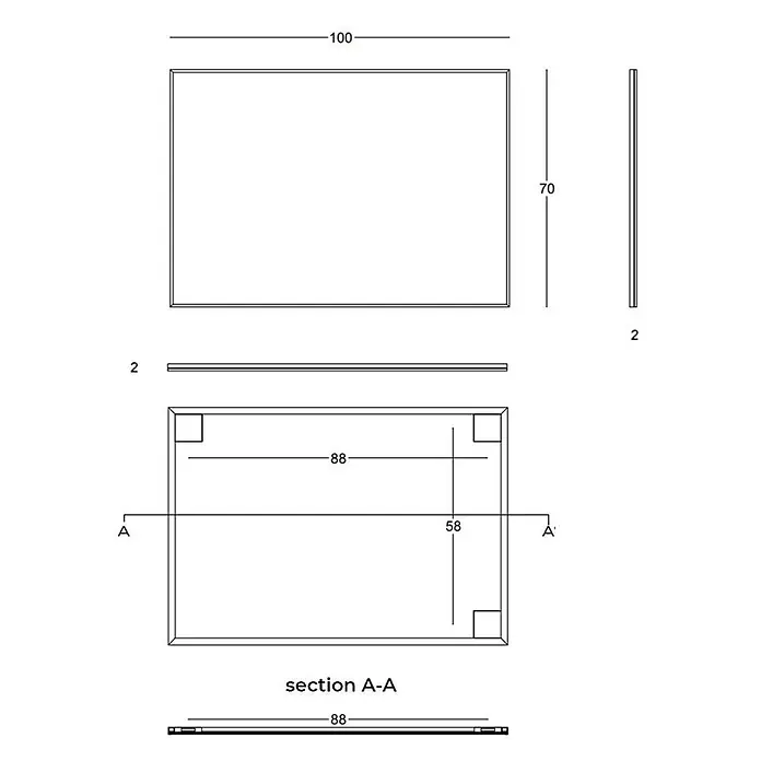 Kiamami Valentina Wandspiegel - 20 x 700 cm, Farblos - Technische Zeichnung einer rechteckigen Platte, 100x70x2 Einheiten, mit Eckaussparungen und Innenmaßen.