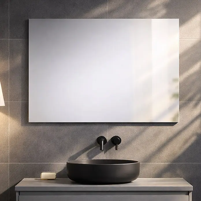Kiamami Valentina Wandspiegel - 20 x 700 cm, Farblos - Großer rechteckiger Spiegel über einem schwarzen Waschbecken und wandmontierten Armaturen im modernen Bad.