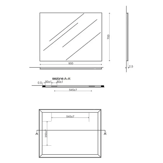 Kiamami Valentina Wandspiegel - 20 x 700 cm, Farblos - Technische Zeichnung eines rechteckigen Spiegels, 900x700mm, 2,5mm dick, mit Befestigungsdetails.