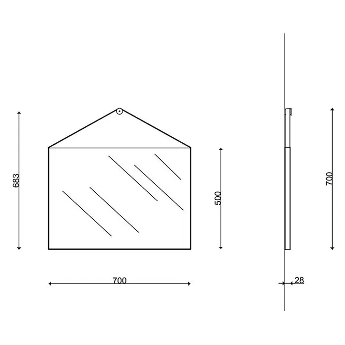 Kiamami Valentina Wandspiegel - 35 x 700 cm, Schwarz - Technische Zeichnung eines hausförmigen Spiegels: 700 mm breit, 683 mm hoch, 28 mm tief, mit Aufhängung.