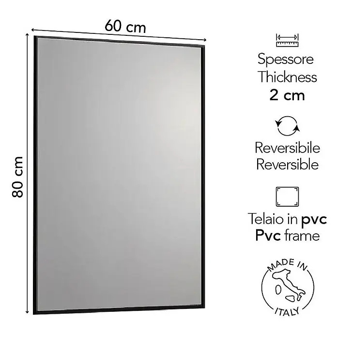 Kiamami Valentina Wandspiegel - 20 x 800 cm, Schwarz - Rechteckiger Spiegel, 80x60 cm, mit 2 cm dickem PVC-Rahmen. Reversibel. Hergestellt in Italien.