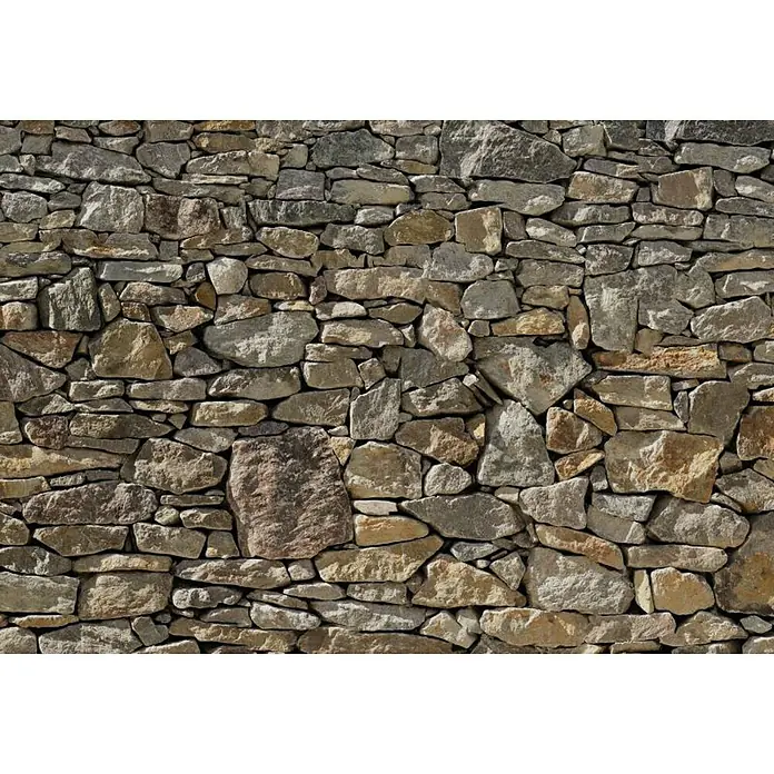 Komar Imagine Edition 3 - Stories Fototapete Stone Wall8 -tlg., B x H: 368 x 254 cm, Papier - Natursteinmauerwerk mit verschiedenen Steinformen und -farben. Perfekt als Hintergrund oder Textur für Designprojekte geeignet.