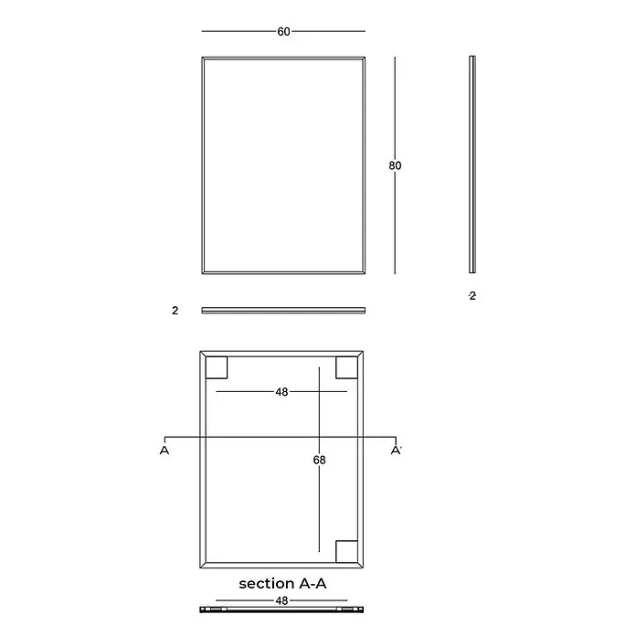 Kiamami Valentina Wandspiegel - 20 x 800 cm, Schwarz - Technische Zeichnung eines rechteckigen Rahmenelements, 60x80x2 cm, mit Details der Innenstruktur.