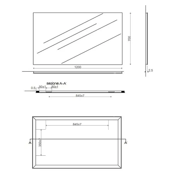 Kiamami Valentina Wandspiegel - 20 x 700 cm, Farblos - Technische Zeichnung eines rechteckigen LED-Spiegels, 1200x700mm, mit schlankem 2.5mm Profil.