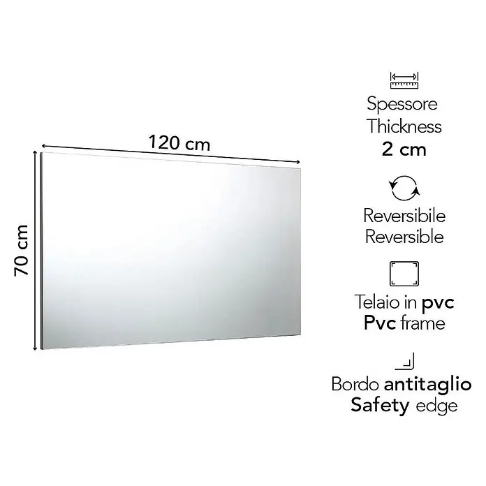 Kiamami Valentina Wandspiegel - 20 x 700 cm, Farblos - Rechteckiger Spiegel mit PVC-Rahmen, 120x70 cm, 2 cm dick, reversibel und mit Sicherheitskante.