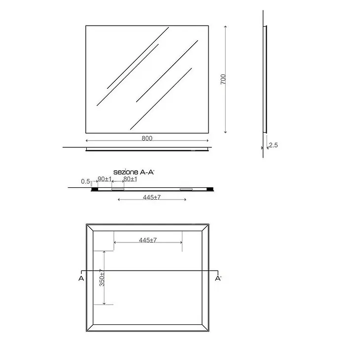Kiamami Valentina Wandspiegel - Farblos - Technische Zeichnung eines rechteckigen Spiegels (800x700mm, 2,5mm dick) mit Maßen und Befestigungspunkten.