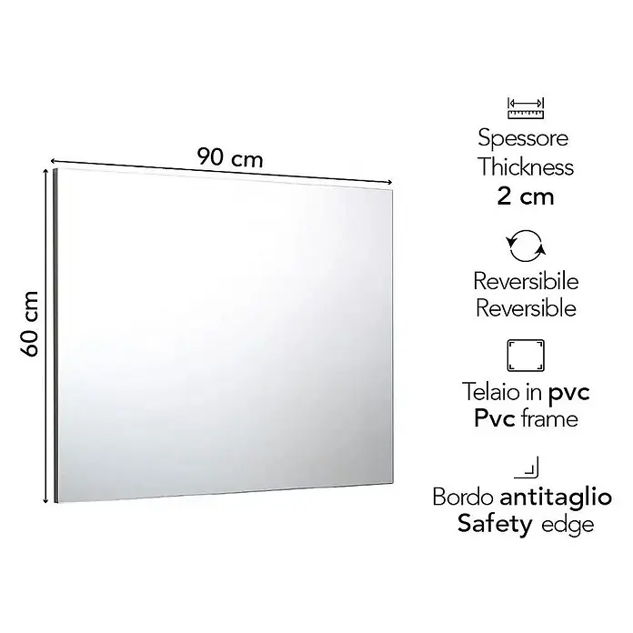Kiamami Valentina Wandspiegel - 20 x 600 cm, Farblos - Rechteckiger Spiegel, 90x60 cm, mit PVC-Rahmen und Sicherheitskante, 2 cm dick und wendbar.