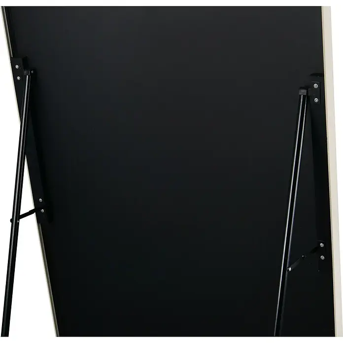 Standspiegel Mira - 70 x 170 cm, Eckig, Sand - Rückseite eines schwarzen Spiegels oder Displays mit hellem Rahmen und schwarzem Metall-Staffeleiständer.