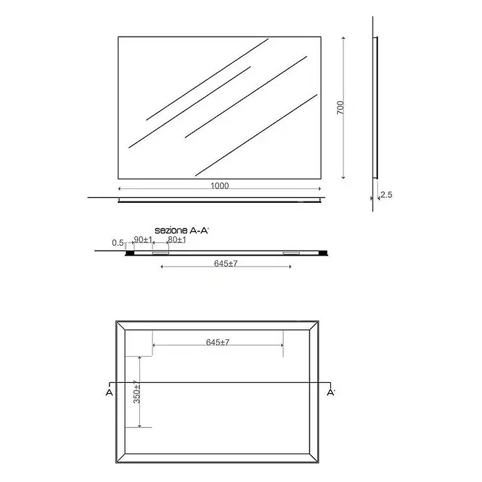 Kiamami Valentina Wandspiegel - 20 x 700 cm, Farblos - Technische Zeichnung eines rechteckigen Spiegels, 1000x700 mm, mit 2,5 mm Glasstärke und detaillierten Querschnitten.