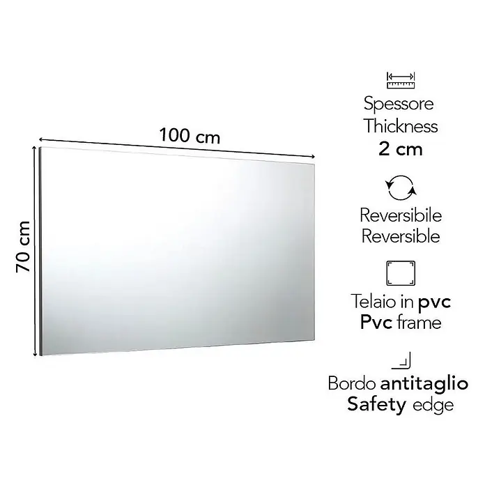 Kiamami Valentina Wandspiegel - 20 x 700 cm, Farblos - Rechteckiger Spiegel, 100x70 cm, mit PVC-Rahmen und Sicherheitskante.