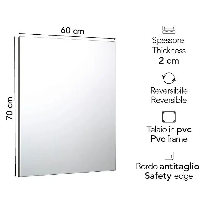 Kiamami Valentina Wandspiegel - 20 x 700 cm, Farblos - Rechteckiger Spiegel, 60x70 cm, mit PVC-Rahmen und Sicherheitskante, 2 cm dick, wendbar.
