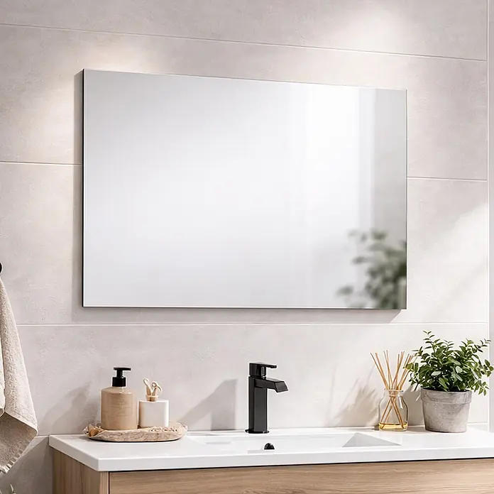 Kiamami Valentina Wandspiegel - 20 x 800 cm, Farblos - Ein rechteckiger, rahmenloser Spiegel, horizontal über einem Waschbecken montiert, der Teile des Raumes reflektiert.