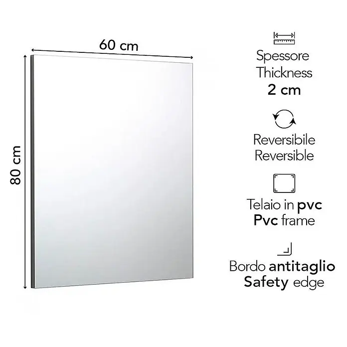 Kiamami Valentina Wandspiegel - 20 x 800 cm, Farblos - Rechteckiger Spiegel, 60x80 cm, 2 cm dick, mit PVC-Rahmen und Sicherheitskante, reversibel.