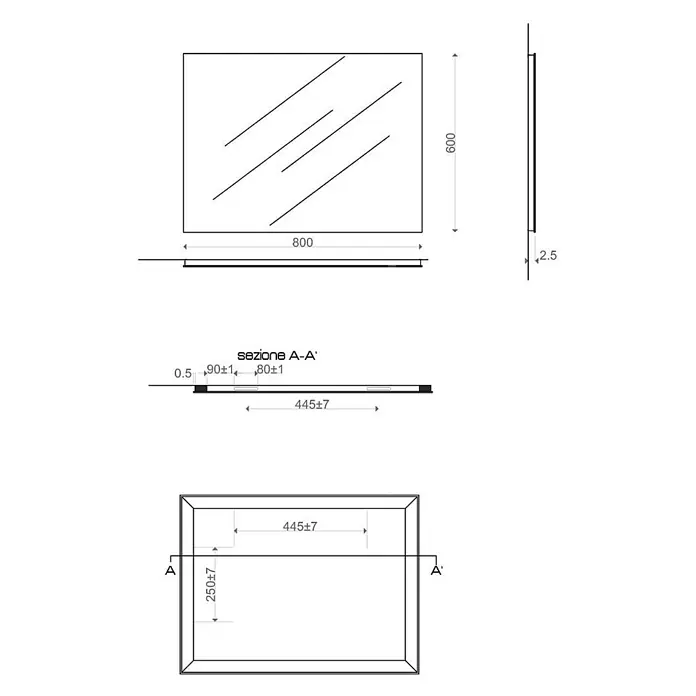 Kiamami Valentina Wandspiegel - 20 x 800 cm, Farblos - Technische Zeichnung eines rechteckigen Spiegels, 800x600mm, 2.5mm dick, mit internen Komponentenmaßen.