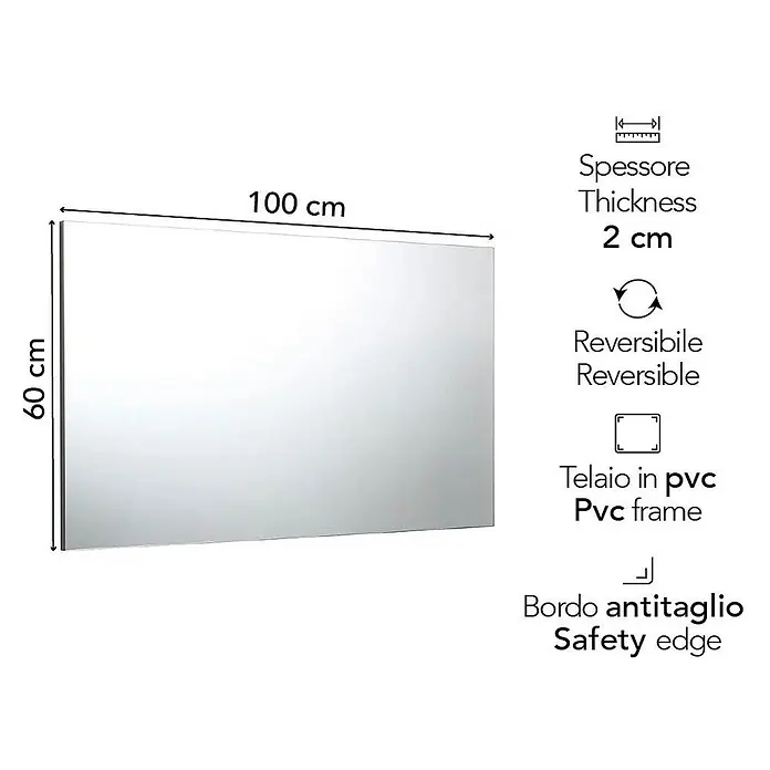 Kiamami Valentina Wandspiegel - 20 x 600 cm, Farblos - Rechteckiger Spiegel (100x60 cm) mit PVC-Rahmen, wendbar, Sicherheitskante.