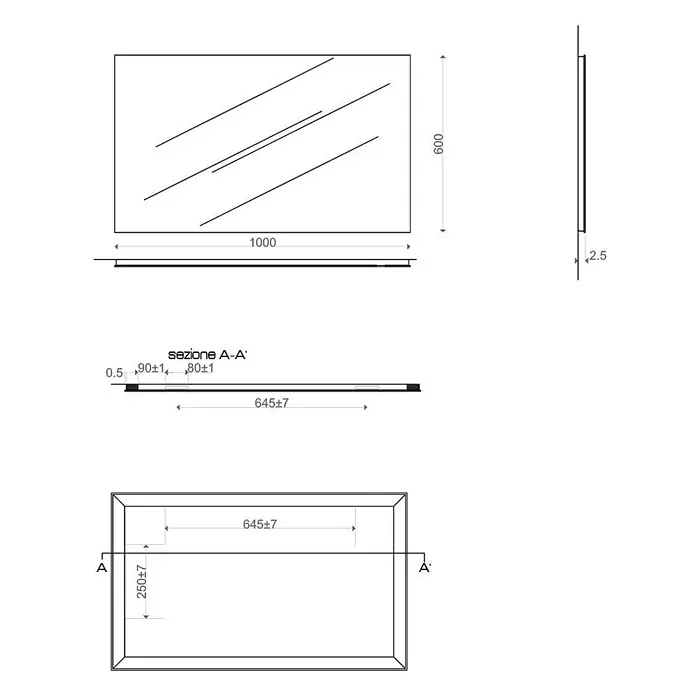 Kiamami Valentina Wandspiegel - 20 x 600 cm, Farblos - Technische Zeichnung eines rechteckigen Spiegels mit Abmessungen und inneren Schnittdetails.