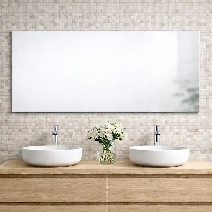 Kiamami Valentina Wandspiegel - 20 x 600 cm, Farblos - Großes rechteckiges Spiegel über einem Doppelwaschtisch aus Holz im modernen Bad.
